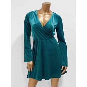Express Women's Green Long Sleeve Soft Corduroy Velvet Fit & Flare Dress Size S